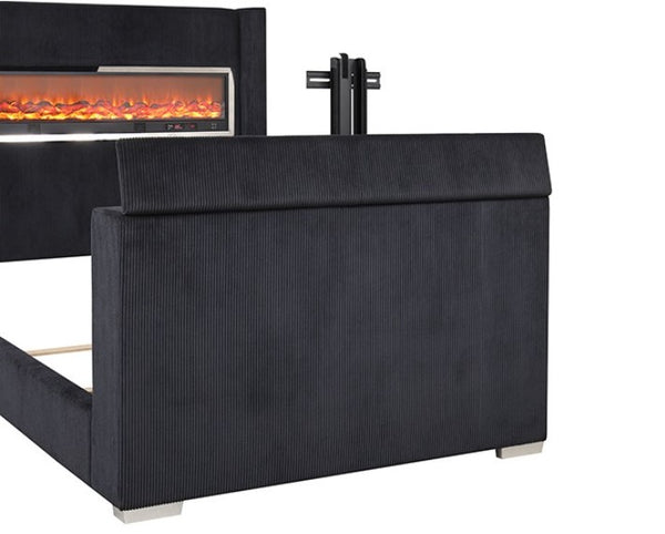 Samberg Modern Fireplace Simulator With TV Lift  Black upholstered bed with electric fireplace insert on a white background