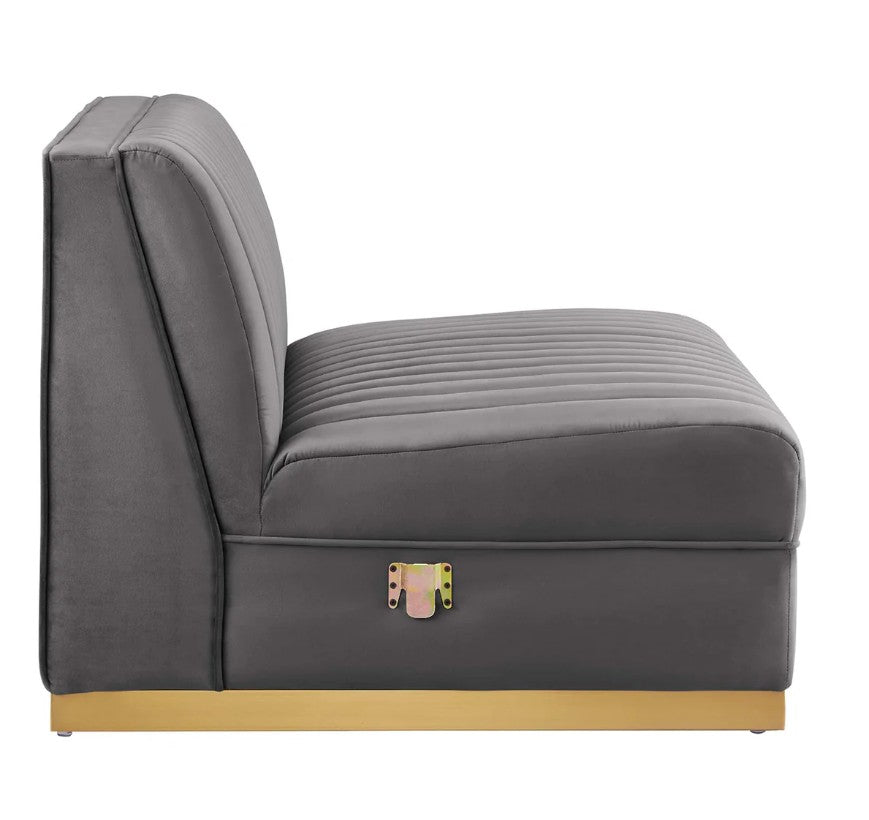 Sanchi 6PC Channel Tufted Velvet Modular Sectional Sofa Gray Modern living room with a gray sectional sofa, coffee table, and abstract art on the wall.
