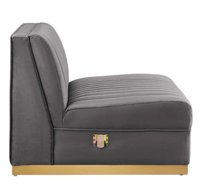 Sanchi 6PC Channel Tufted Velvet Modular Sectional Sofa Gray Gray upholstered chair with a gold base on a white background