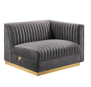Sanchi 6PC Channel Tufted Velvet Modular Sectional Sofa Gray Gray velvet sofa with gold base on a white background
