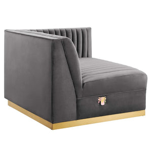 Sanchi 4PC Channel Tufted Velvet Modular Sectional Sofa Gray Gray upholstered chair with gold base on a white background