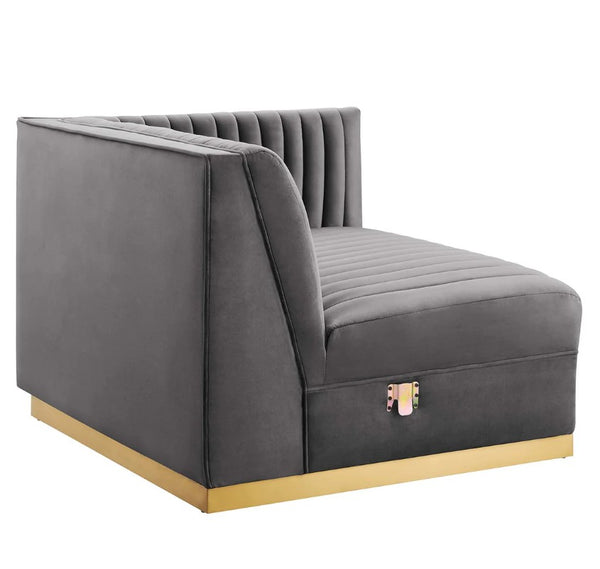 Sanchi 6PC Channel Tufted Velvet Modular Sectional Sofa Gray Gray upholstered chair with gold base on a white background