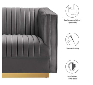 Sanchi 6PC Channel Tufted Velvet Modular Sectional Sofa Gray Gray upholstered chair with gold base on a white background, featuring icons and text about material and design.