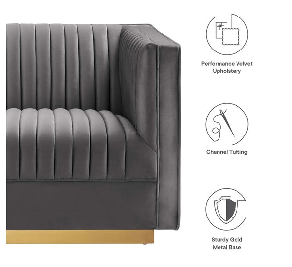 Sanchi 6PC Channel Tufted Velvet Modular Sectional Sofa Gray Gray upholstered chair with gold base on a white background, featuring icons and text about material and design.