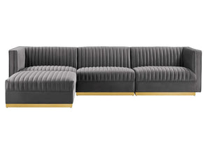 Sanchi 4PC Channel Tufted Velvet Modular Sectional Sofa Gray Gray sectional sofa with gold accents on a white background