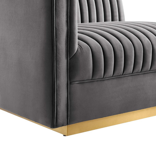 Sanchi 4PC Channel Tufted Velvet Modular Sectional Sofa Gray Gray velvet chair with a gold base on a white background