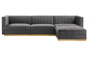 Sanchi 4PC Channel Tufted Velvet Modular Sectional Sofa Gray Gray sectional sofa with wooden legs on a white background