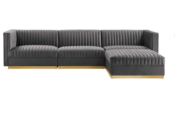 Sanchi 4PC Channel Tufted Velvet Modular Sectional Sofa Gray Gray sectional sofa with wooden legs on a white background