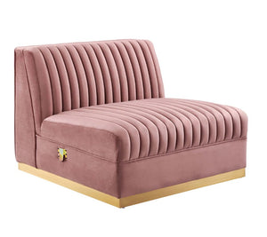 Sanchi 4PC Channel Tufted Velvet Modular Sectional Sofa Rose Pink velvet sofa with gold base on a white background