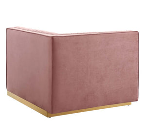 Sanchi 4PC Channel Tufted Velvet Modular Sectional Sofa Rose Pink cube-shaped ottoman with a gold base on a white background