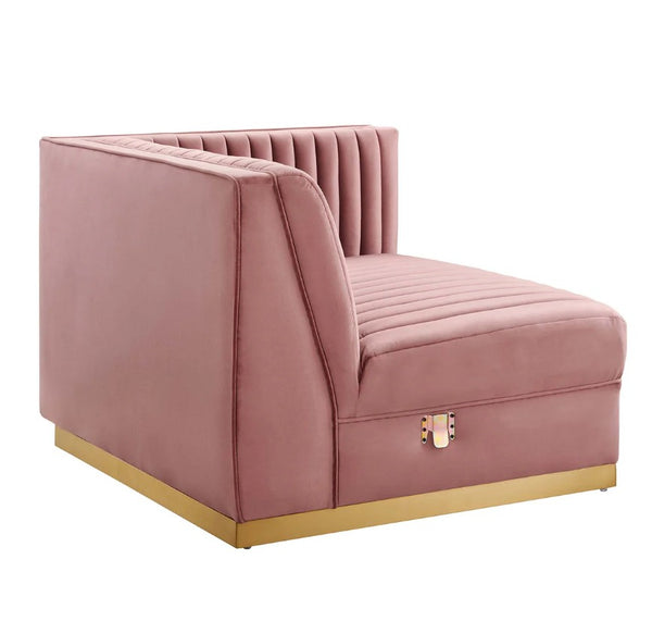 Sanchi 6PC Channel Tufted Velvet Modular Sectional Sofa Rose Pink velvet armchair with gold base on a white background