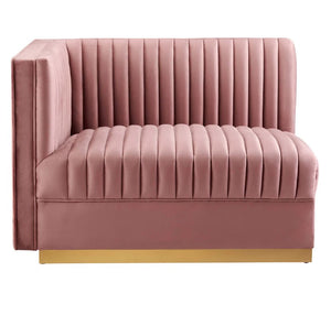 Sanchi 6PC Channel Tufted Velvet Modular Sectional Sofa Rose Pink velvet sofa with a gold base on a white background