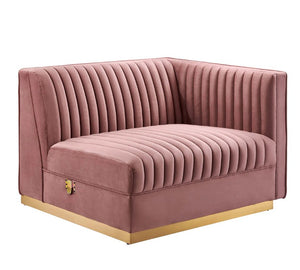 Sanchi 6PC Channel Tufted Velvet Modular Sectional Sofa Rose Pink velvet sofa with a gold base on a white background