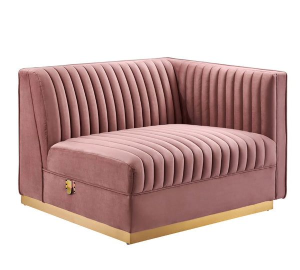 Sanchi 6PC Channel Tufted Velvet Modular Sectional Sofa Rose Pink velvet sofa with a gold base on a white background