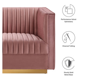 Sanchi 4PC Channel Tufted Velvet Modular Sectional Sofa Rose Pink upholstered chair with gold base on a white background, featuring icons and text about material and design.