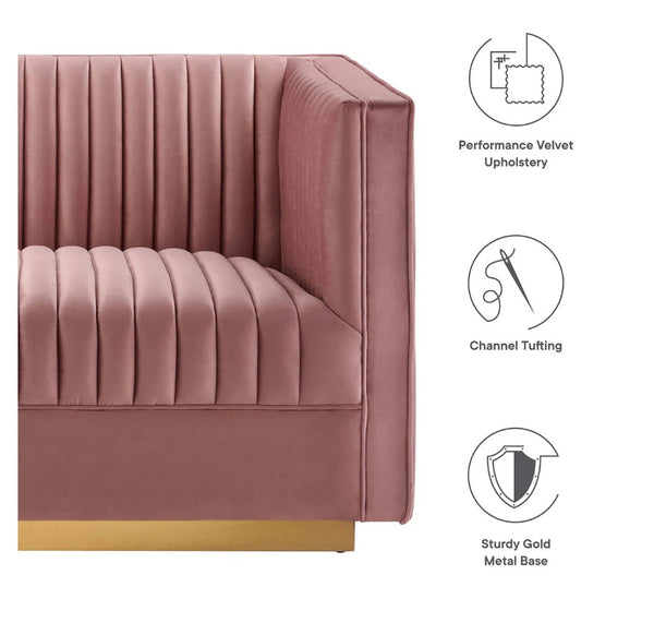 Sanchi 4PC Channel Tufted Velvet Modular Sectional Sofa Rose Pink upholstered chair with gold base on a white background, featuring icons and text about material and design.