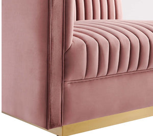 Sanchi 4PC Channel Tufted Velvet Modular Sectional Sofa Rose Close-up of a pink velvet chair with a gold base on a white background