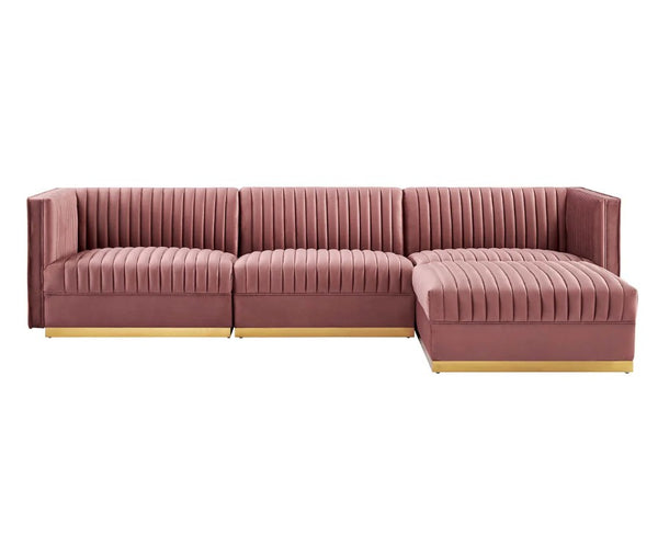 Sanchi 4PC Channel Tufted Velvet Modular Sectional Sofa Rose Pink sectional sofa with gold accents on a white background