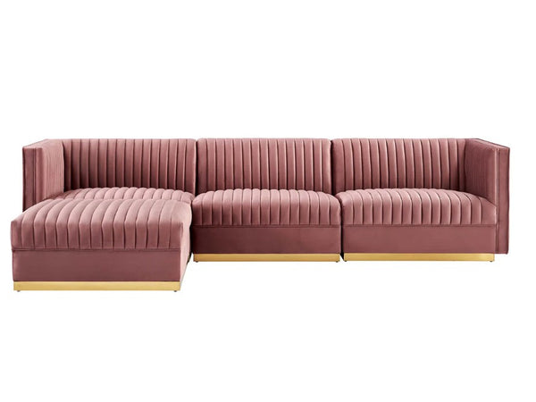 Sanchi 4PC Channel Tufted Velvet Modular Sectional Sofa Rose Pink sectional sofa with gold legs on a white background