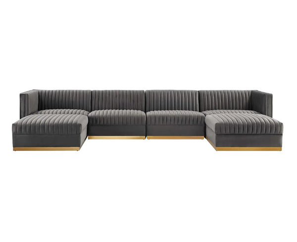 Sanchi 6PC Channel Tufted Velvet Modular Sectional Sofa Gray Gray sectional sofa on a white background