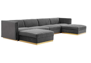 Sanchi 6PC Channel Tufted Velvet Modular Sectional Sofa Gray Gray sectional sofa with gold legs on a white background