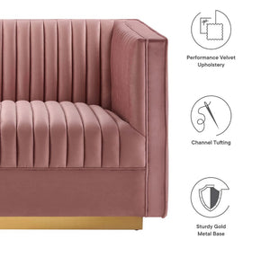 Sanchi 6PC Channel Tufted Velvet Modular Sectional Sofa Rose Pink velvet sofa with gold base on a white background, featuring icons and text about material and design.