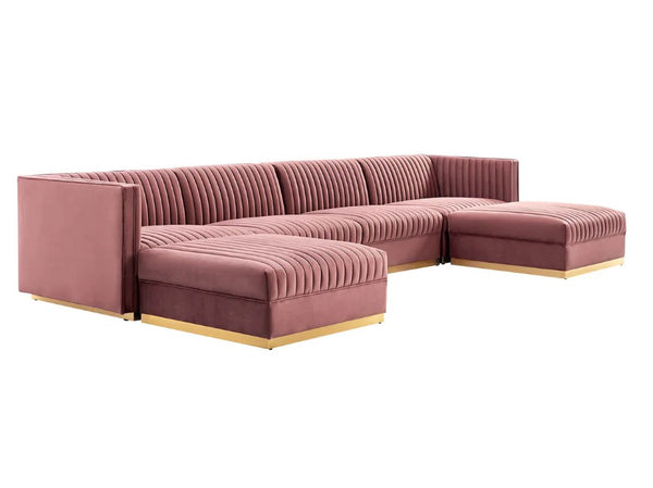 Sanchi 6PC Channel Tufted Velvet Modular Sectional Sofa Rose Pink sectional sofa with gold legs on a white background