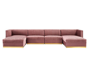 Sanchi 6PC Channel Tufted Velvet Modular Sectional Sofa Rose Pink sectional sofa with gold accents on a white background