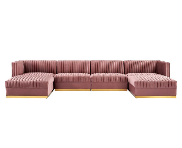 Sanchi 6PC Channel Tufted Velvet Modular Sectional Sofa Rose Pink sectional sofa with gold accents on a white background