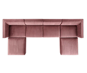 Sanchi 6PC Channel Tufted Velvet Modular Sectional Sofa Rose Pink pleated valance on a white background