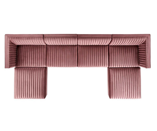 Sanchi 6PC Channel Tufted Velvet Modular Sectional Sofa Rose Pink pleated valance on a white background
