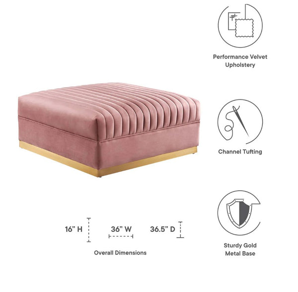 Sanchi Channel Tufted Velvet Modular Sectional Sofa Ottoman Pink ottoman with dimensions and material details on a white background