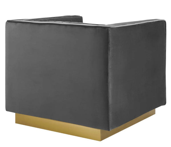 Sanchi Vertical Channel Tufted Velvet Chair Gray Black cushioned chair with a gold base on a white background