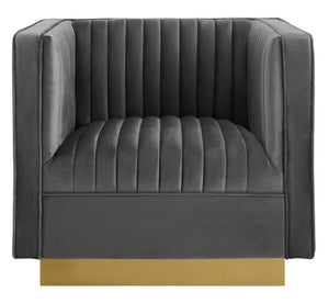Sanchi Vertical Channel Tufted Velvet Chair Gray Gray velvet armchair with a gold base on a white background