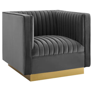 Sanchi Vertical Channel Tufted Velvet Chair Gray Gray velvet armchair with a gold base on a white background