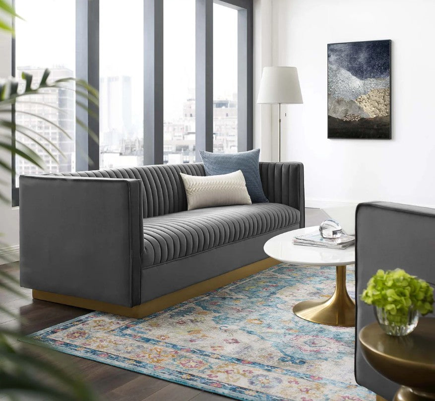 Sanchi Vertical Channel Tufted Velvet Sofa Gray