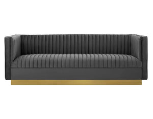 Sanchi Vertical Channel Tufted Velvet Sofa Gray Gray sofa with gold legs on a white background