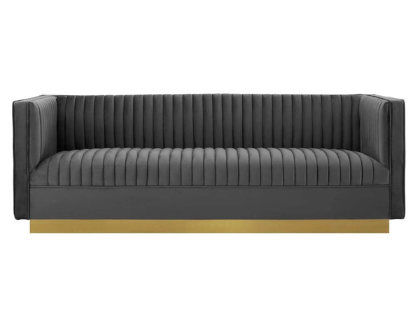 Sanchi Vertical Channel Tufted Velvet Sofa Gray Gray sofa with gold legs on a white background