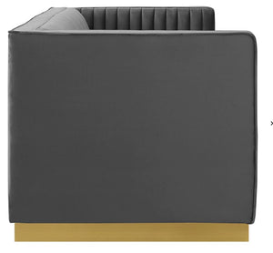 Sanchi Vertical Channel Tufted Velvet Sofa Gray Gray sofa with gold base on a white background