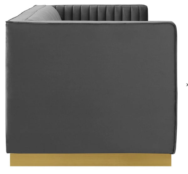 Sanchi Vertical Channel Tufted Velvet Sofa Gray Gray sofa with gold base on a white background