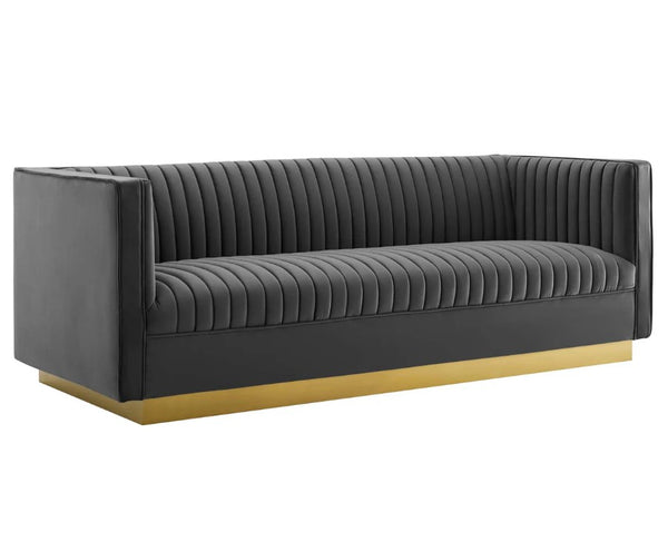 Sanchi Vertical Channel Tufted Velvet Sofa Gray Gray sofa with gold legs on a white background