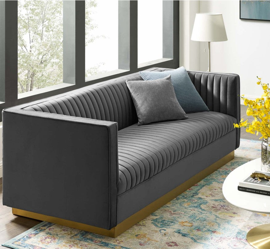 Sanchi Vertical Channel Tufted Velvet Sofa Gray