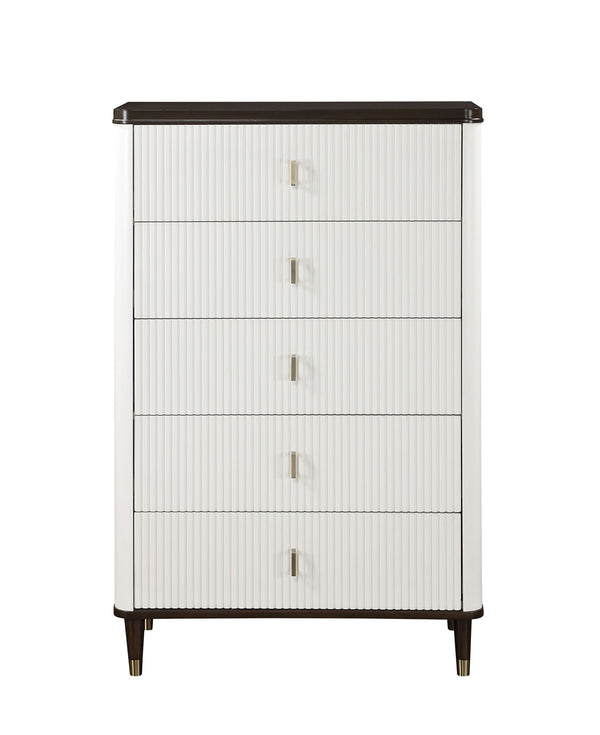 Serania Two Tone Chest White dresser with black base and trim on a white background
