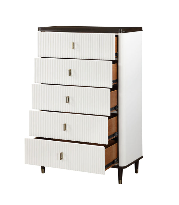 Serania Two Tone Chest White dresser with brown accents on a white background