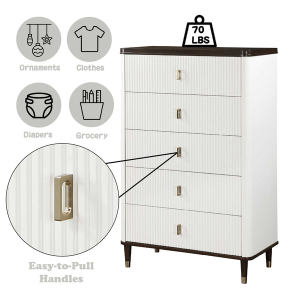 Serania Two Tone Chest White dresser with black accents, labeled for weight capacity and item types it can hold.