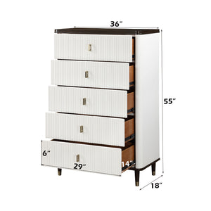 Serania Two Tone Chest White dresser with dimensions labeled on a white background
