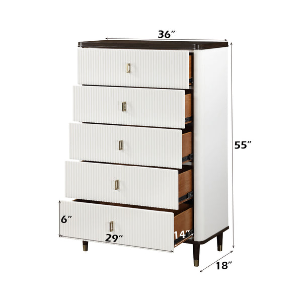 Serania Two Tone Chest White dresser with dimensions labeled on a white background