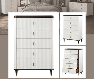 Serania Two Tone Chest A tall white chest of drawers with five drawers, featuring a ribbed front, dark brown top and feet, and small metallic pull handles. The main image shows the full piece of furniture, with two smaller inset views showing alternate angles and one open drawer view, all set against a neutral background.
