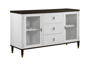 Serania Two Tone Dining Server White sideboard with glass doors and dark wood accents on a white background