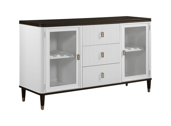 Serania Two Tone Dining Server White sideboard with glass doors and dark wood accents on a white background